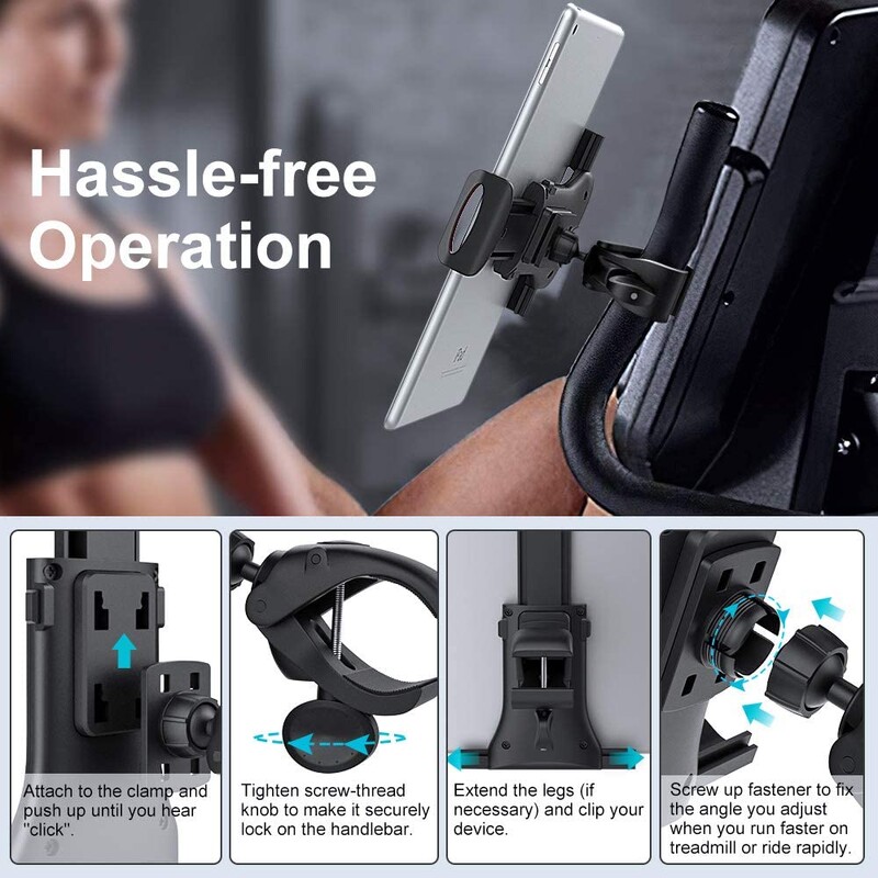 Suport pentru tabletă iBudim pentru bicicletă, bandă de alergare de 4-12 inci, ghidon de sală de gimnastică pentru interior, suport pentru tabletă pentru computer, suport pentru telefonul pentru bicicletă iPad Air Pro