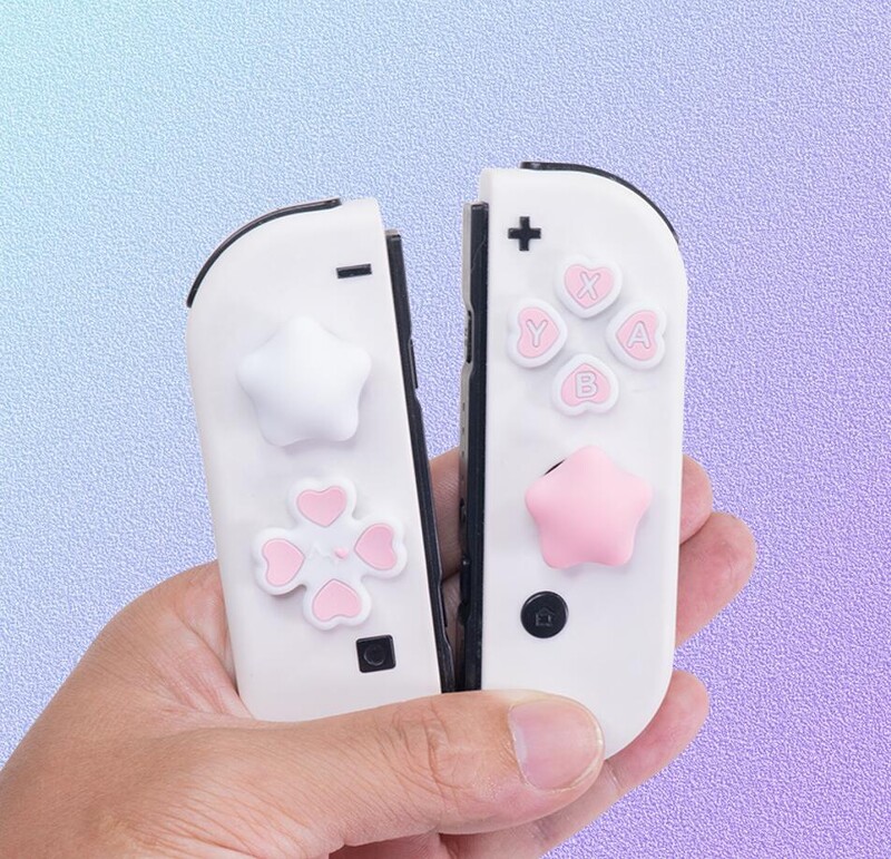 Rózsaszín lila szerelem szilikon puha D-pad keresztgombos ABXY kulcsos matrica bőr tok Switch Oled Joy-con hüvelykujj stick markolat sapka burkolata