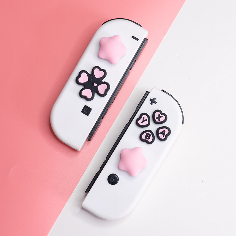 Rózsaszín lila szerelem szilikon puha D-pad keresztgombos ABXY kulcsos matrica bőr tok Switch Oled Joy-con hüvelykujj stick markolat sapka burkolata