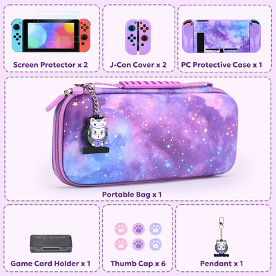 NS Switch piederumu komplekts Pārnēsājams Switch Games Glabāšanas rokassomiņa ar Stick Caps Aizsargvāku Switch Shell Ekrāna aizsargs