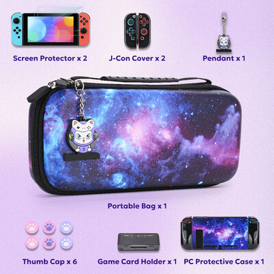 NS Switch piederumu komplekts Pārnēsājams Switch Games Glabāšanas rokassomiņa ar Stick Caps Aizsargvāku Switch Shell Ekrāna aizsargs