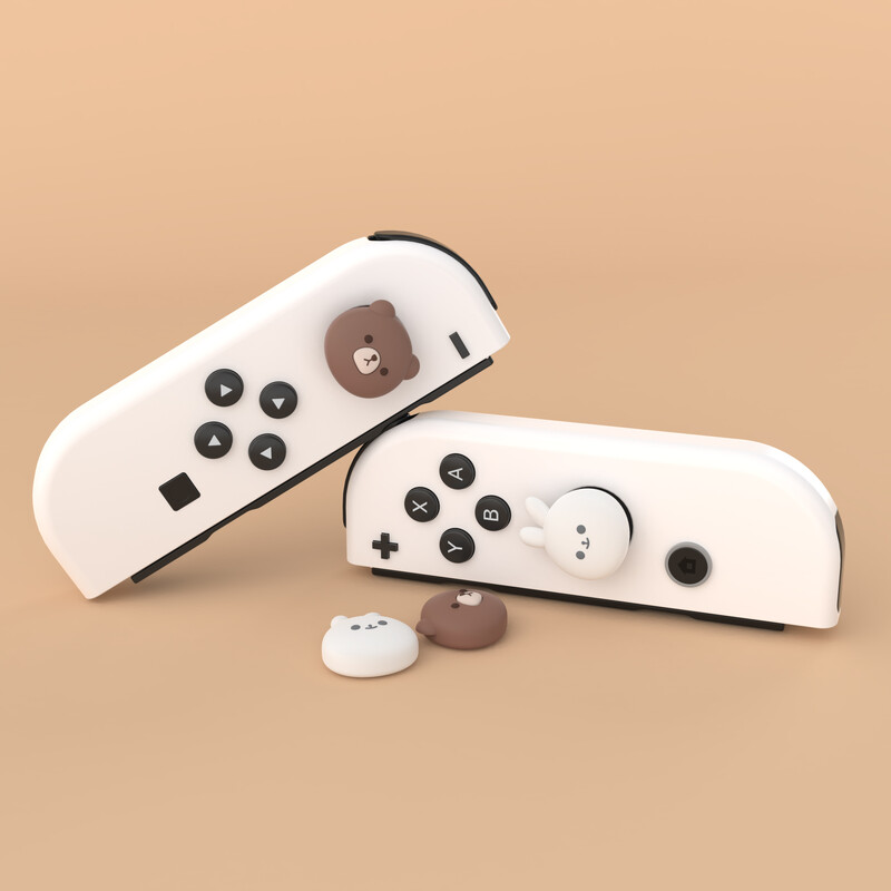 Krytky joystickov PlayVital pre Nintendo Switch a Switch Lite, úchyty na palec pre Switch OLED Joy-Con – bacuľatý medvedík a usmievavý zajačik