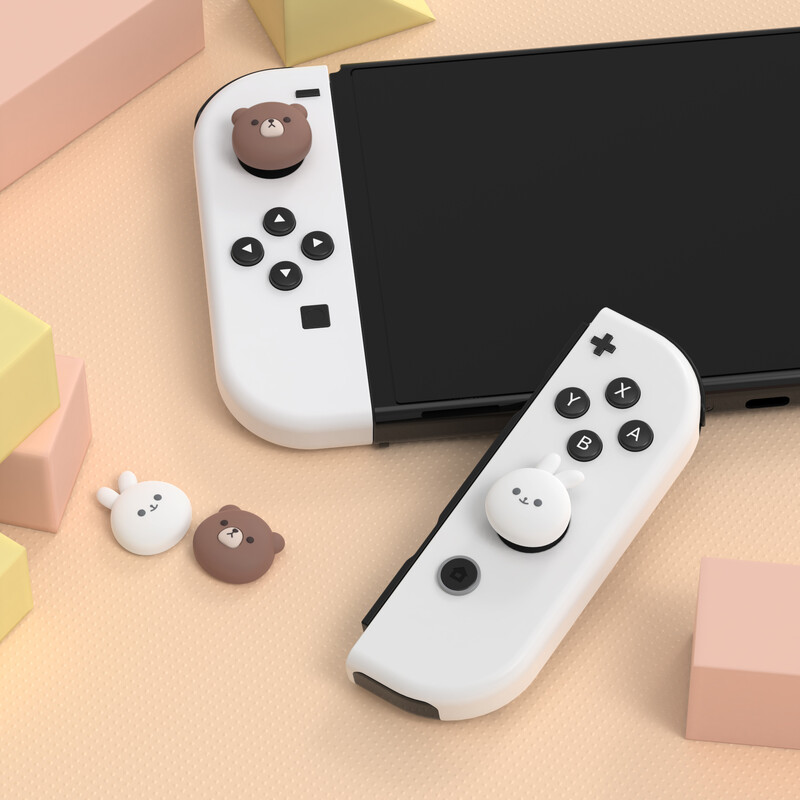 Krytky joystickov PlayVital pre Nintendo Switch a Switch Lite, úchyty na palec pre Switch OLED Joy-Con – bacuľatý medvedík a usmievavý zajačik