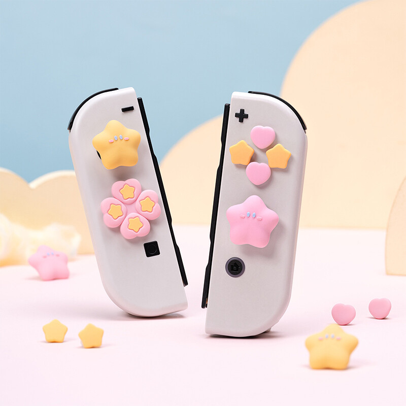 Star Peach Design Silicone Cross D-Pad mygtukų dangtelių rinkinys ABXY raktų mygtukų lipdukas, suderinamas su Nintendo Switch / OLED Joy Con