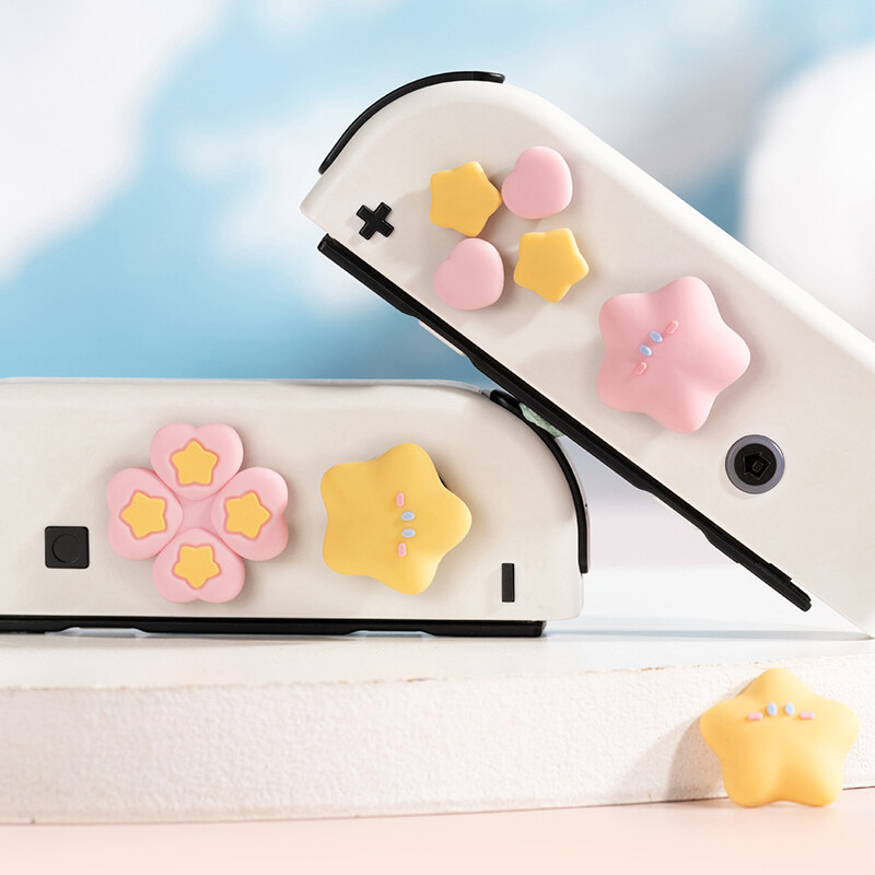 Star Peach Design Silicone Cross D-Pad mygtukų dangtelių rinkinys ABXY raktų mygtukų lipdukas, suderinamas su Nintendo Switch / OLED Joy Con