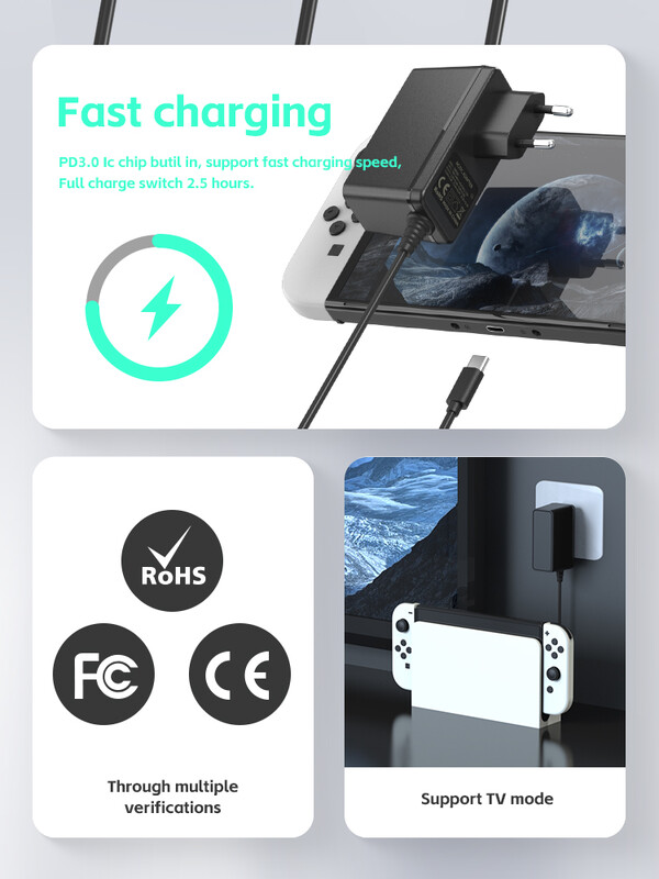 DATA FROG EU/US Plug kintamosios srovės adapterio įkroviklis, skirtas Nintendo Switch OLED Travel Home Charging Type C USB maitinimo šaltinis, skirtas Nintend Switch