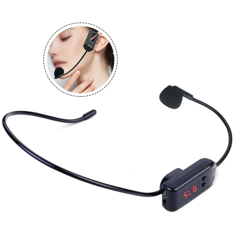 Bezdrôtový FM mikrofón, slúchadlá s megafónom, rádiový mikrofón pre reproduktory na výučbu, náhlavný montovaný ručný bezdrôtový mikrofón 2 v 1