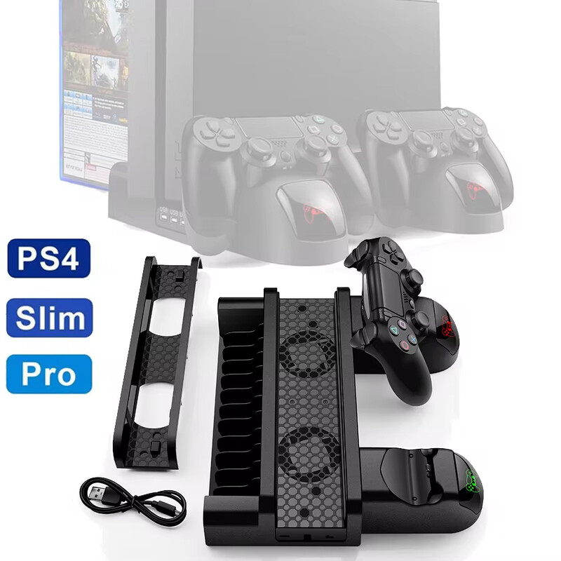 PS4 stalak za hlađenje ventilatora za Playstation 4/Slim/Pro s dvostrukim kontrolerom EXT priključkom za punjač Dock Station i 10 utora za igre