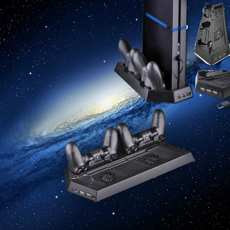 Vertikálny stojan s dvojitým chladičom typu všetko v jednom s 2 nabíjacími dokovaciami pre PlayStation 4 a PS4