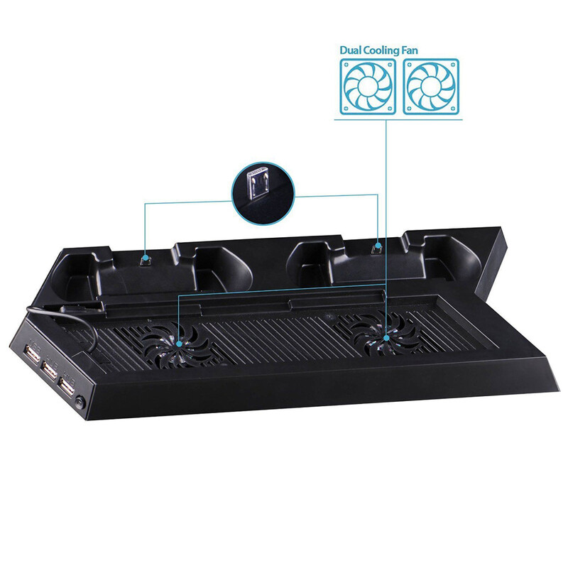 Vertikálny stojan s dvojitým chladičom typu všetko v jednom s 2 nabíjacími dokovaciami pre PlayStation 4 a PS4