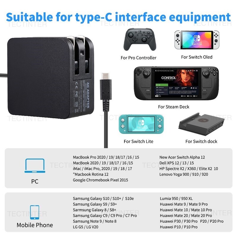 45W USB C brzi punjač za Steam Deck ručnu konzolu za NS kontroler Dodatna oprema Sklopivi AC adapter