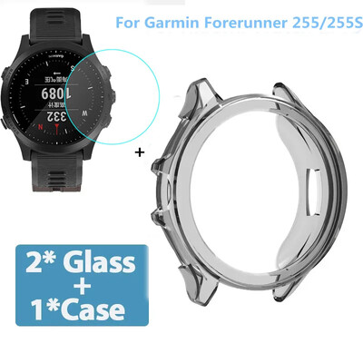 Ochranné puzdro + ochranná fólia na displej pre Garmin Foreruner 255, mäkký ochranný kryt z TPU, tvrdené sklo