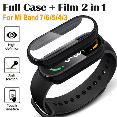 2in1 ekrāna aizsargvāciņš + 3D plēve priekš Xiaomi Mi Band 7 6 5 4 3 PC Pilns vāks Aizsargājošs triecienizturīgs rāmja vāciņš priekš Miband 7 NFC