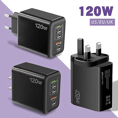 120W PD 5 prievadų USB įkroviklis Greitas įkrovimas QC3.0 USB C Type C mobiliojo telefono įkroviklis skirtas iPhone Huawei Samsung Xiaomi Quick Charge