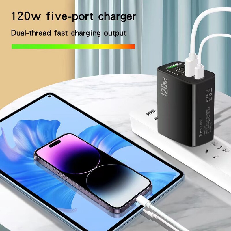 120W PD 5 prievadų USB įkroviklis Greitas įkrovimas QC3.0 USB C Type C mobiliojo telefono įkroviklis skirtas iPhone Huawei Samsung Xiaomi Quick Charge