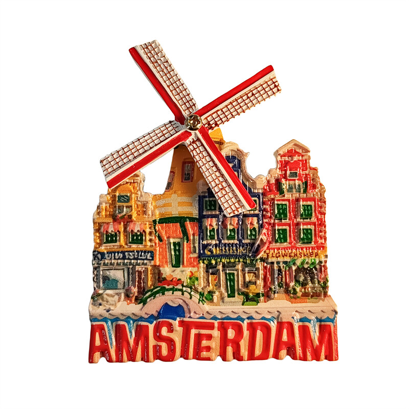 Hollandia, Amszterdam, szélmalom, 3D sztereoszkópikus, turisztikai ajándéktárgyak, kézzel festett, lakberendezési tárgyak, hűtőmágnesek