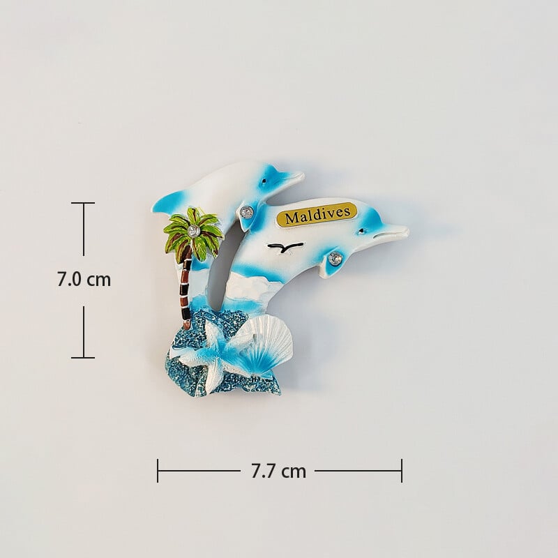 Maldivy, delfíny, kokosová palma, 3D stereoskopické, turistické suveníry, maľba živicou, dekorácia do domu, magnety na chladničku.