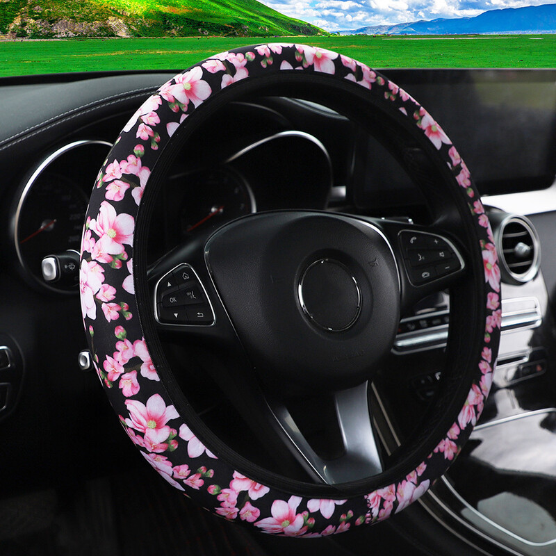 Autó kormánykerék borítója nyomtatott neoprén anyagból, cseresznye színes nyomatok nőknek belső gyűrű gumiszalag nélkül 