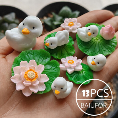 BAIUFOR Pește Frunze de lotus Set de rață de desene animate Terariu Acvariu Figurine DIY Zână Grădină Rezervor de pește Peisaj Decor miniatural