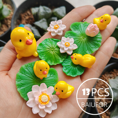 BAIUFOR Pește Frunze de lotus Set de rață de desene animate Terariu Acvariu Figurine DIY Zână Grădină Rezervor de pește Peisaj Decor miniatural