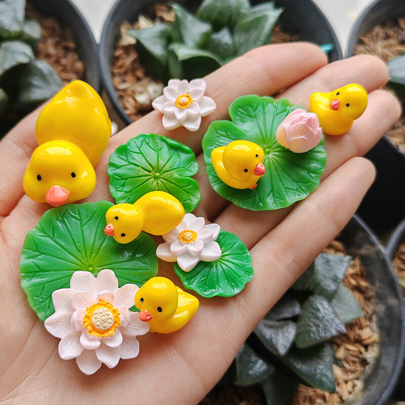 BAIUFOR Pește Frunze de lotus Set de rață de desene animate Terariu Acvariu Figurine DIY Zână Grădină Rezervor de pește Peisaj Decor miniatural
