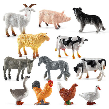 12 τμχ Simulation Farm Poultry Wild Animals Action Figures Model Rooster Pig Cow Sheep Horse Goose Collie Mini Toy for Children