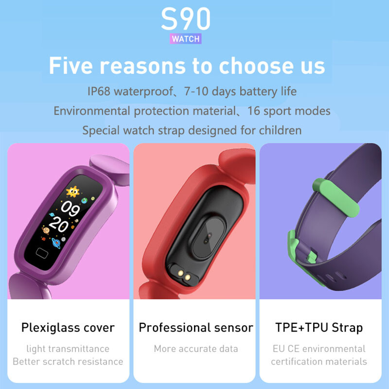 Inteligentný náramok S90 pre deti s budíkom, učením sa srdcovej frekvencie a monitorovaním spánku, Bluetooth športovým krokomerom