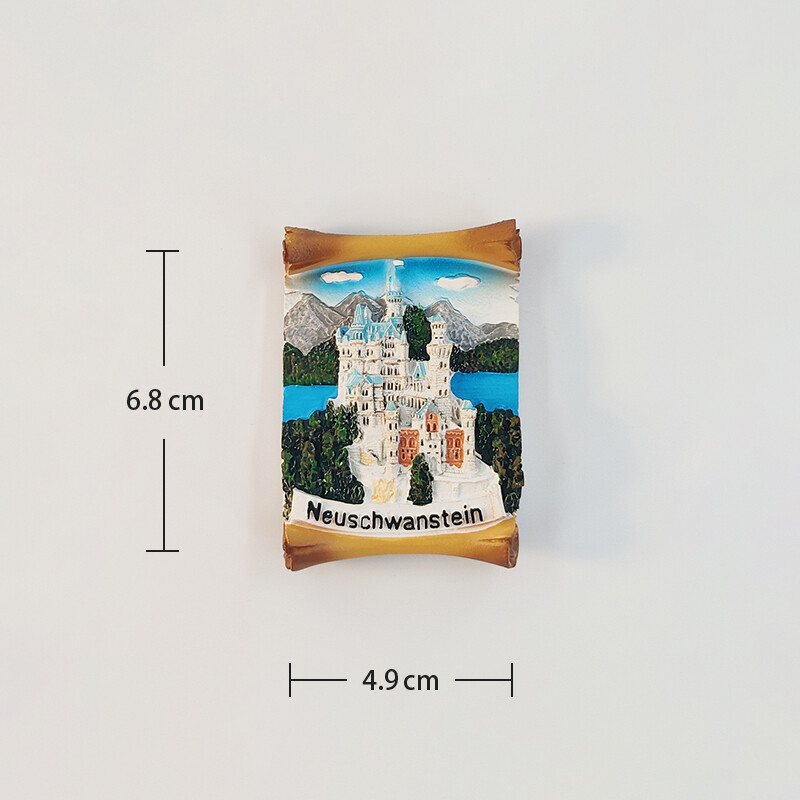 Németország, Bajorország, Neuschwanstein, 3D sztereoszkópikus, turisztikai ajándéktárgyak, műgyanta festés, lakásdekoráció, kollekció, hűtőmágnesek