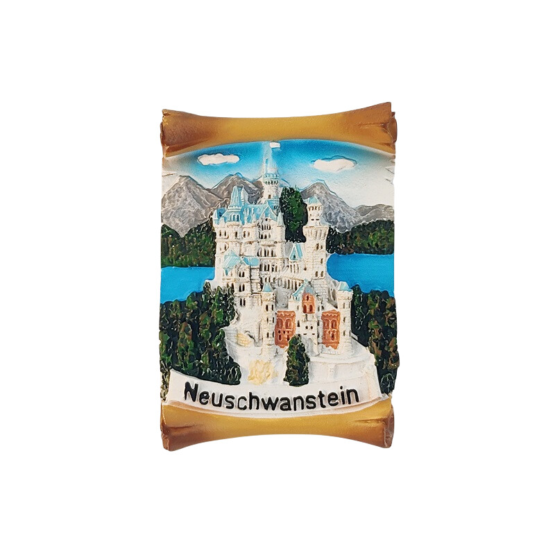 Németország, Bajorország, Neuschwanstein, 3D sztereoszkópikus, turisztikai ajándéktárgyak, műgyanta festés, lakásdekoráció, kollekció, hűtőmágnesek