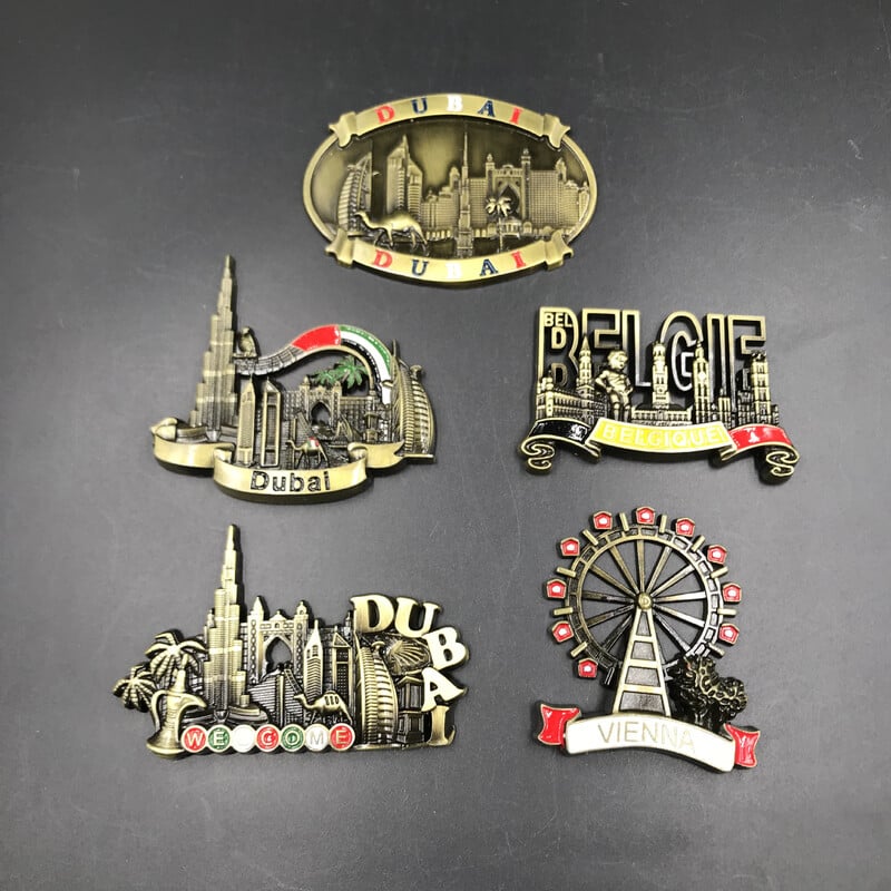 Kovové 3D magnetické nálepky na chladničku s motívom Dubaja, Spojených arabských emirátov, Belgicka, Viedne