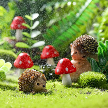 Εξωτερική Fairy Wild Garden Resin Hedgehogs and Wood Mushroom Accessories Miniature Garden for Plant Bonsai Craft Decor Supplies