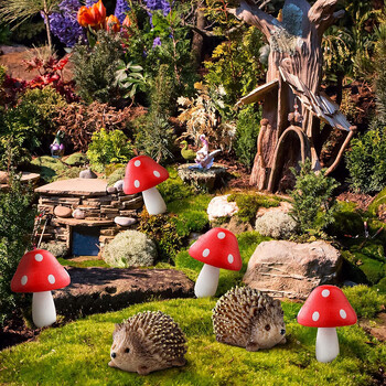 Εξωτερική Fairy Wild Garden Resin Hedgehogs and Wood Mushroom Accessories Miniature Garden for Plant Bonsai Craft Decor Supplies