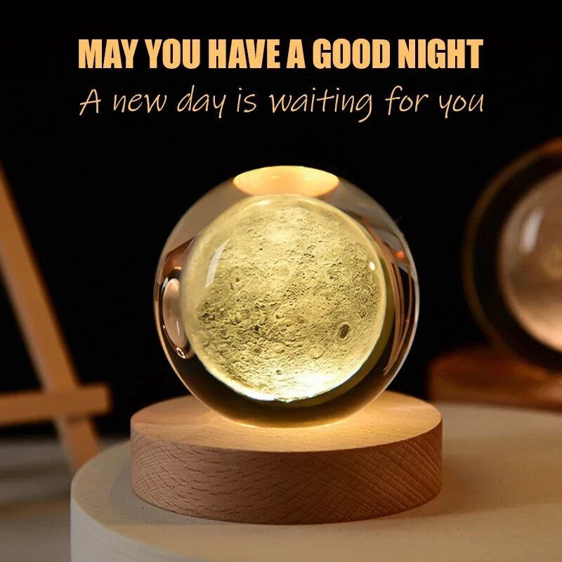 60 см 3D кристална топка Стъклена топка Топла нощна лампа Дървена основа Слънчева система Галактика Астрономия Подарък за рожден ден Декорация на домашен работен плот