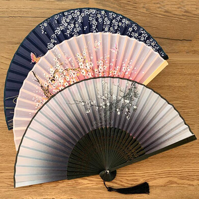 Vintage selyem összecsukható ventilátor Kínai japán művészet kézművesség ajándék lakberendezési dekoráció tánc kézlegyező bambusz szoba dekoráció fa ventilátor ventilador
