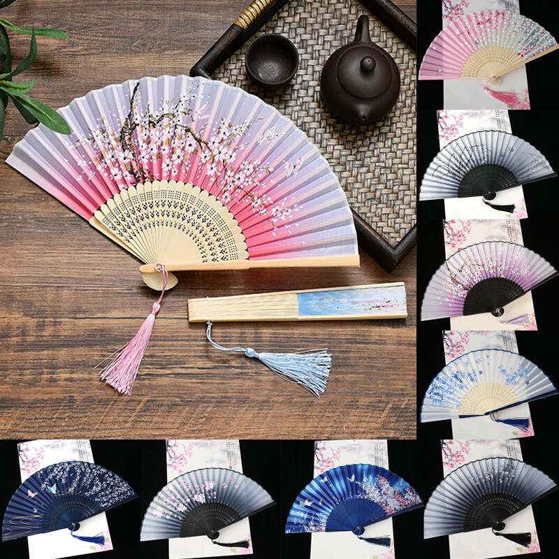 Vintage hodvábny skladací vejár, čínske japonské umelecké remeslá, darčekové bytové dekorácie, tanečný ručný vejár, bambusová dekorácia miestnosti, drevené vejáre
