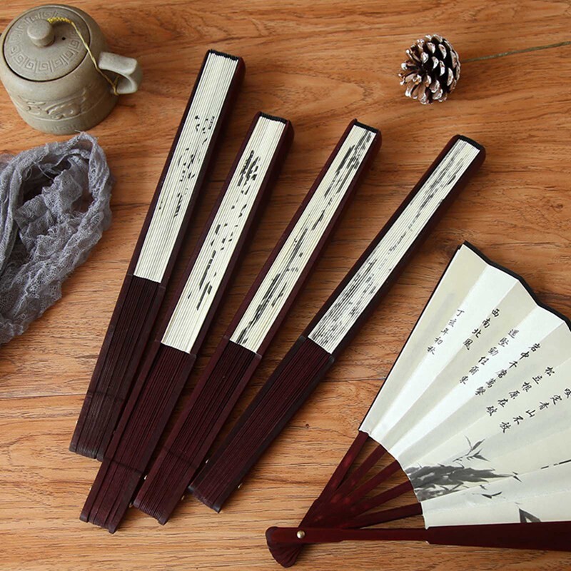 10 colių kraštovaizdžio šilko sulankstomas ventiliatorius kinų stiliaus bambuko medžio vasaros nešiojamas vestuvių vakarėlio dovanų ventiliatorius