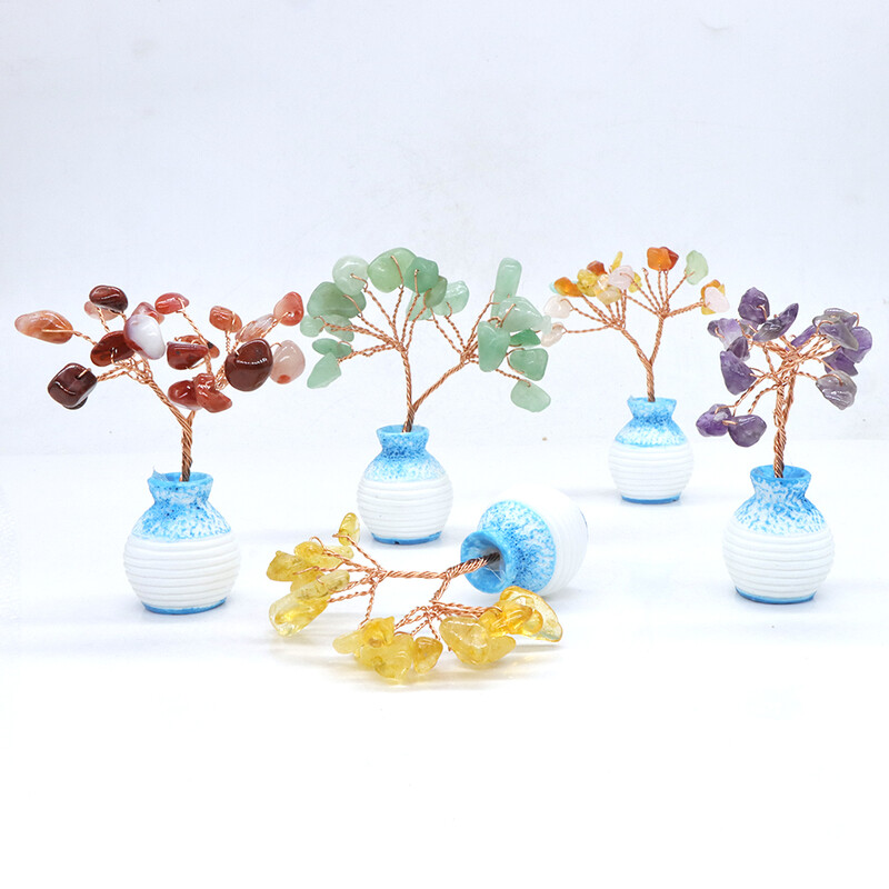 Mini kristály életfa vázában Dekor természetes forgács kő kézzel készített gyógyító szerencse pénz otthoni irodai dísz Reiki barkács ajándékok