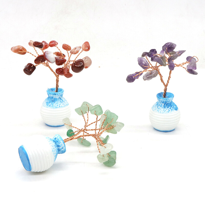 Mini kristály életfa vázában Dekor természetes forgács kő kézzel készített gyógyító szerencse pénz otthoni irodai dísz Reiki barkács ajándékok