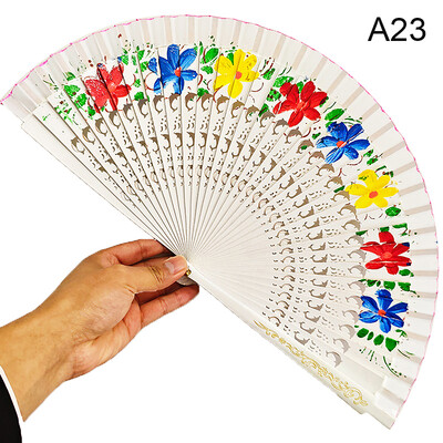 Vintage spāņu saliekamais vēdeklis sievietēm Divpusējs ziedu gleznojums Čigānu koka rokas ventilators deju svētku dekorēšanai