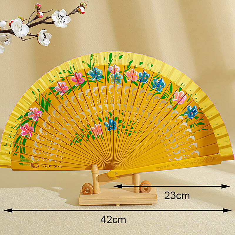 Vintage spāņu saliekamais vēdeklis sievietēm Divpusējs ziedu gleznojums Čigānu koka rokas ventilators deju svētku dekorēšanai