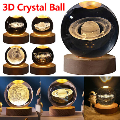 Crystal Ball Night Lights USB LED Kvēlojošs 3D Saturn Planet Galaxy Mēness galda lampa Mājas apdare Atmosfēras lampa Ziemassvētku dāvana
