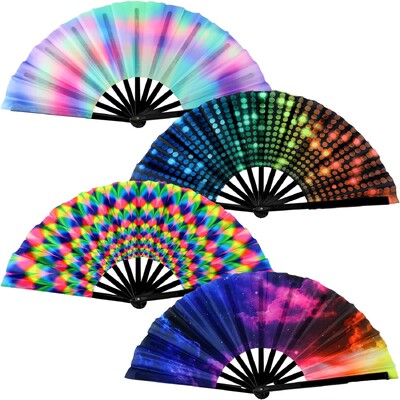 Ventilator rave de mână mare pliabil de 33 cm, gradient chinezesc/japonez, ventilator pliabil reflectorizant colorat, ventilator pentru festival de muzică, cadouri pentru ventilator de dans