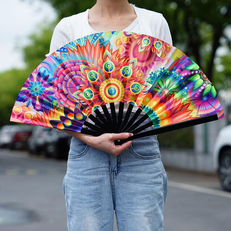 33 cm veľký skladací ručný ventilátor s čínskym/japonským gradientom, farebný reflexný skladací ventilátor, hudobný festival, tanečný ventilátor, darčeky