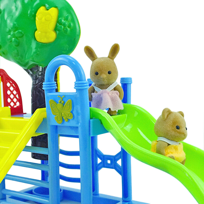 Erdei családi játszótér 1:12 Barna medve nyúl Panda babaház miniatűr jelenet csúszda libikóka hinta babaház lánynak játék ajándék