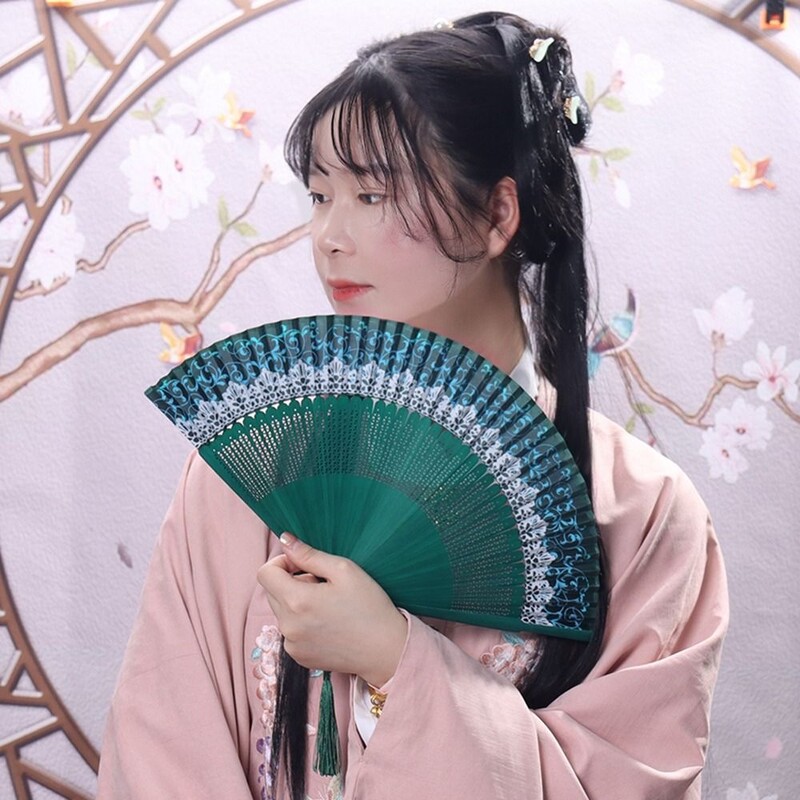 Krāsu maiņas kronis, saliekams ventilators, mežģīnes, mainot krāsu, saliekams ventilators japāņu stils un stils Hanfu fotografēšanas ventilators