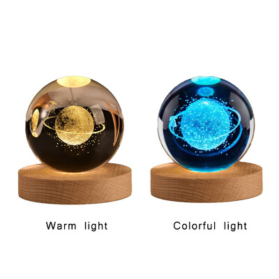 Kristálygolyó 6 cm Színes Meleg Fény Bolygó Éjszakai Fény lézeres faragás Naprendszer Föld galaxis mintás ajándék asztali dekoráció