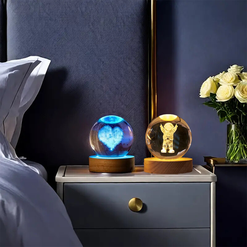 Kristálygolyó 6 cm Színes Meleg Fény Bolygó Éjszakai Fény lézeres faragás Naprendszer Föld galaxis mintás ajándék asztali dekoráció