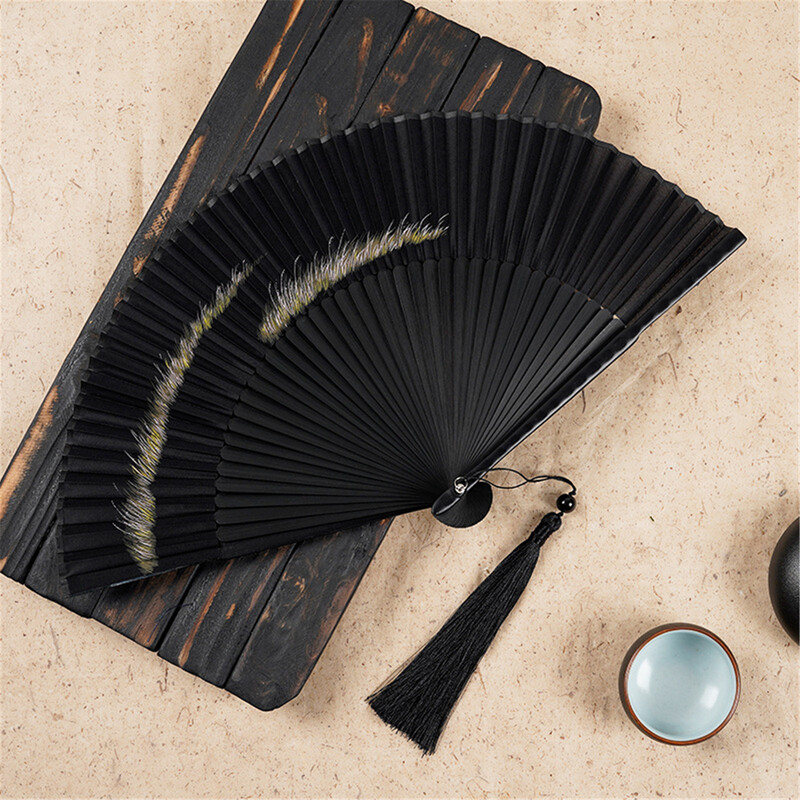 Senovinis sulankstomas vėduoklė, 6 colių auksinė povo plunksna, sulankstoma ventiliatoriaus galvutė, mėlyna, moteriška, vyrų, kinų Hanfu bambuko rankų darbo vėduoklė