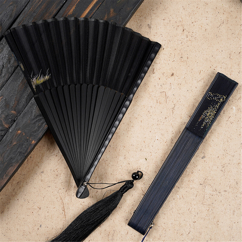 Senovinis sulankstomas vėduoklė, 6 colių auksinė povo plunksna, sulankstoma ventiliatoriaus galvutė, mėlyna, moteriška, vyrų, kinų Hanfu bambuko rankų darbo vėduoklė