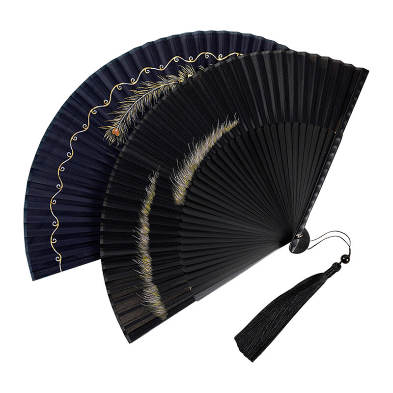 Senovinis sulankstomas vėduoklė, 6 colių auksinė povo plunksna, sulankstoma ventiliatoriaus galvutė, mėlyna, moteriška, vyrų, kinų Hanfu bambuko rankų darbo vėduoklė